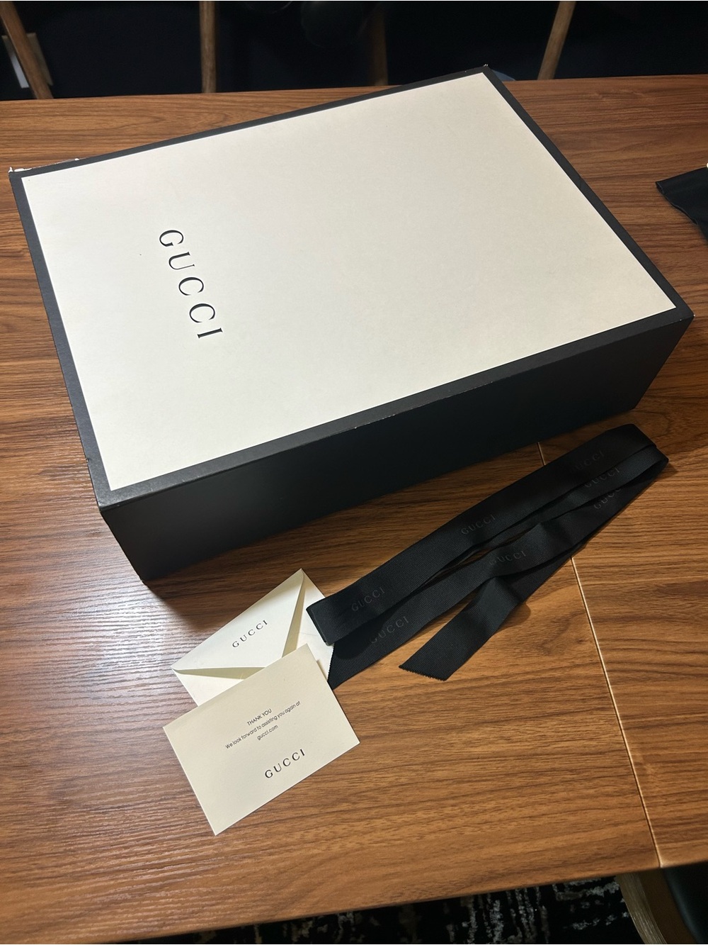 Gucci Large magnetic purse box 18 x 14 x 5” card with long Gucci ribbon